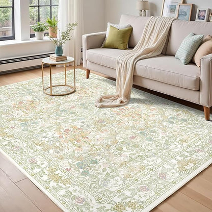 Washable Sage Green Living Room Area Rug 6x9, Boho Botanical Area Rug for Bedroom, Kitchen Table, Nursery, Home Office - Low Pile Non-Slip Vintage Carpet - Soft Farmhouse Accent Mat