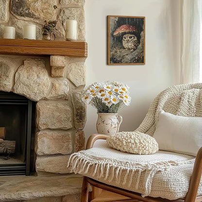 Framed Vintage Owl Canvas Wall Art, Cute Bird Mushroom Pictures Wall Decor, Cottagecore Forest Animal Paintings Prints Gothic Rustic Moody Home Decor for Living Room Bedroom Nursery 16x24 inch