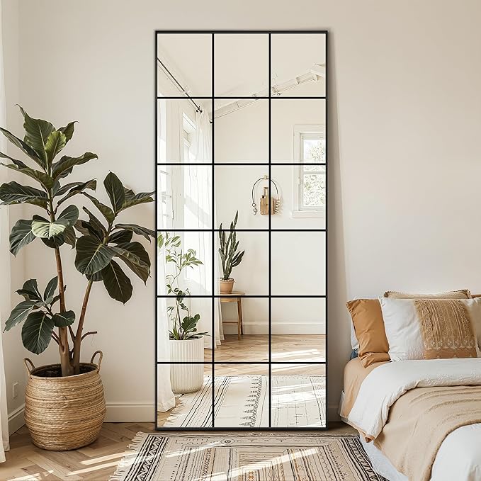 Large Window Pane Full Length Mirror for Wall, 30"x70" Oversize Black Full Body Wall Mirror for Living Room, Bedroom, Entryway, Hanging or Leaning