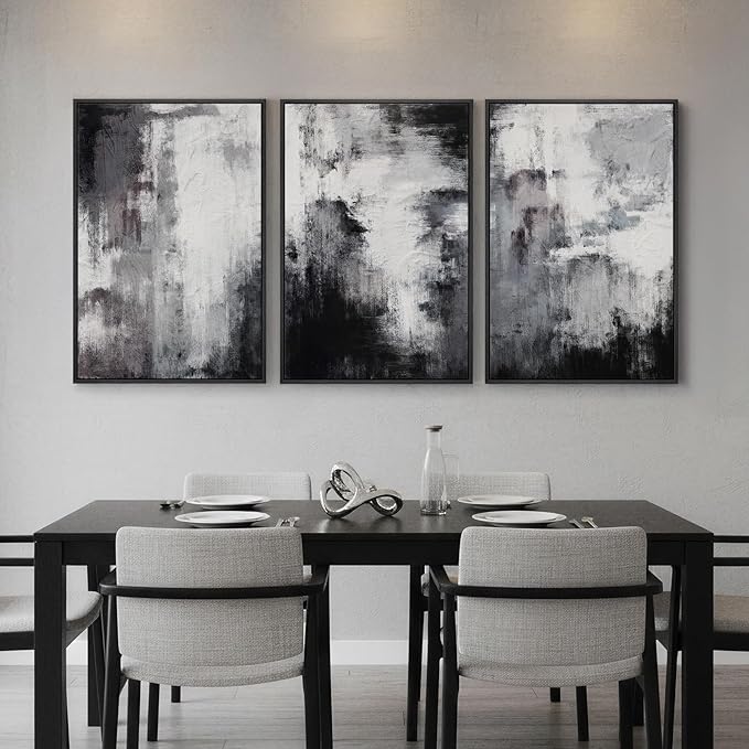 Framed Black and White Abstract Wall Art for Living Room, Large 3 Piece Modern Grey Canvas Artwork for Walls, Minimalist Abstract Prints Pictures Home Office Dining Room Hallway Wall Decor, 24x36 In