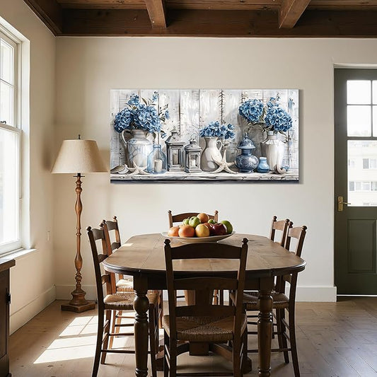 SERIMINO Extra Large Wall Art, Flower Wall Art, Nautical Wall Decor, Rustic Still Life Painting Prints, Blue Floral Starfish Pictures for Living Room Dining Room Modern Farmhouse Beach House 29"x57"