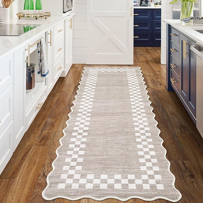 Rug Runners for Hallways 2x8 Washable Kitchen Runner Rug Non Slip Low Pile Bedside Throw Carpet Modern Bordered Bathroom Runners Checkered Area Rug for Living Room Bedroom Entryway Nursery, Fog