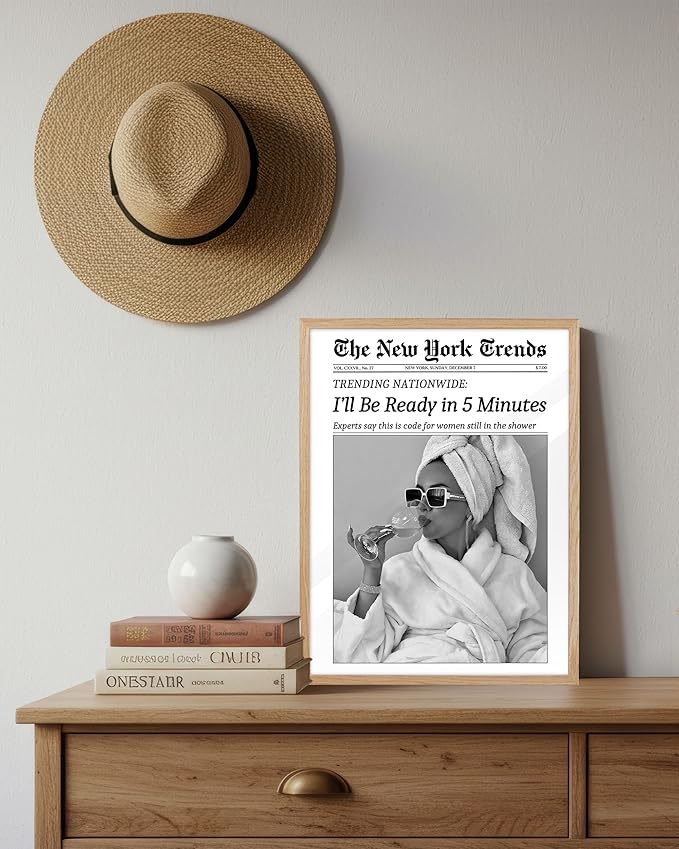 EcoHest Small 8x10 in Beige OAK Wood Framed Wall Art, I'll Be Ready in 5 Minutes Newspaper Print, Feminist Makeup Canvas Wall Art Home Decor, Retro Bathroom Decor, Set of 1 For Bedroom Living Room