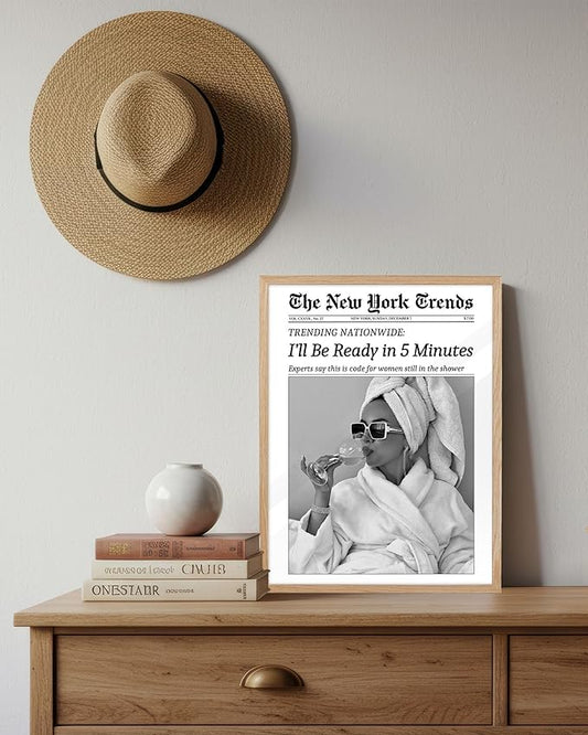 EcoHest Small 8x10 in Beige OAK Wood Framed Wall Art, I'll Be Ready in 5 Minutes Newspaper Print, Feminist Makeup Canvas Wall Art Home Decor, Retro Bathroom Decor, Set of 1 For Bedroom Living Room