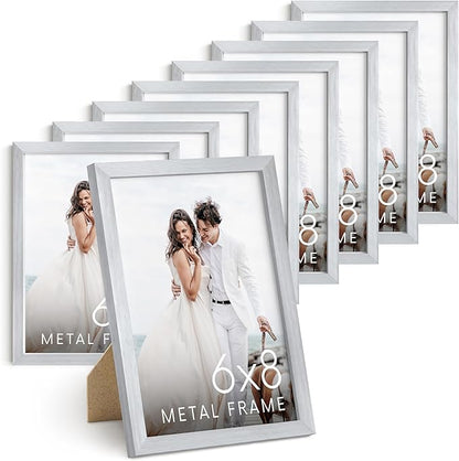 HAUS AND HUES 6x8 Silver Metal Picture Frames - Bulk Aluminum Photo Frames with Vertical Hanging & Tabletop Stand (6x8 in, Silver, Set of 9)