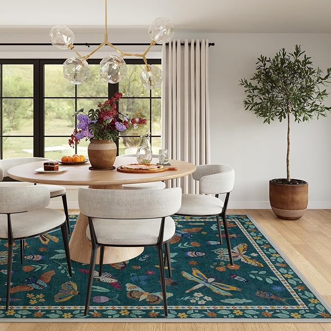 Lahome Insect Print Washable Rugs for Living Room, Soft Area Rug 6x9 Rug for Bedroom Ultra-Thin Dining Room Rug, Stain Resistant Large Carpet for Office Nursery Vionnet(6'x9',Dark Green)