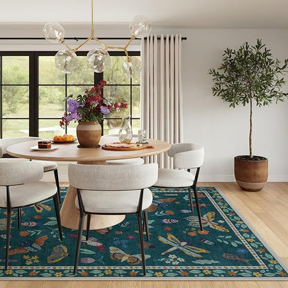 Lahome Insect Print Washable Rugs for Living Room, Soft Area Rug 6x9 Rug for Bedroom Ultra-Thin Dining Room Rug, Stain Resistant Large Carpet for Office Nursery Vionnet(6'x9',Dark Green)