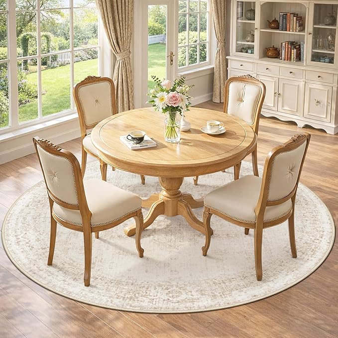 Round Rugs 6ft Washable Rug, Vintage Boho Medallion Rugs Non-Slip Soft Low Pile Circle Distressed Rug Indoor Retro Carpet for Living Room Bedroom Dining Room Home Office (Beige, 6' Round)