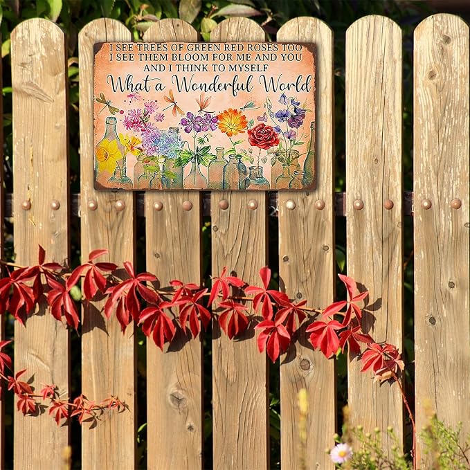Fmcmly Vintage Tin Signs Dragonfly What A Wonderful World I See Trees of Green Red Rose Too Flowers Poster House Garden Entryway Kitchen Office Living room Cafes Wall Decor 8x12 Inch