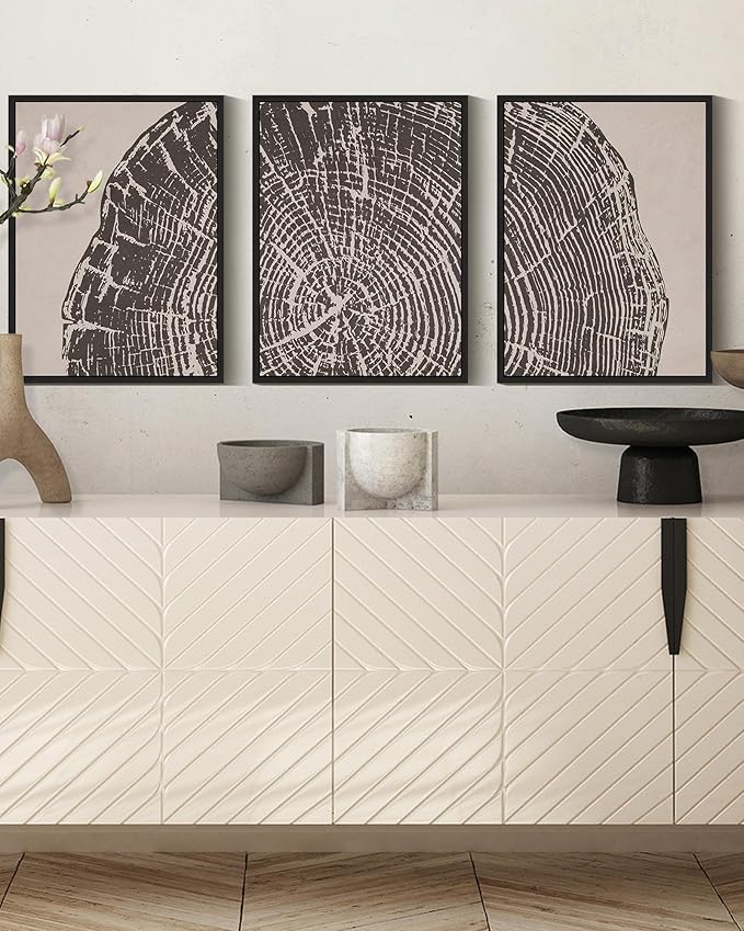 PHOPAGO Farmhouse Vintage Framed Wall Art Set Gray Wood Tree Ring Spirals Nature Abstract Drawings Rustic Modern Art Decor for Living Room Bedroom - 11x14in Black Framed