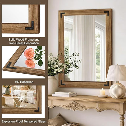 AMOISE Farmhouse Bathroom Vanity Mirror, 40" x 28" Wood Frame Wall Mirror, Vintage Rustic Decor for Entryway, Bedroom, Living Room, Vertical or Horizontal Hanging