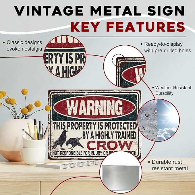 Crow Vintage Tin Sign Protected By Crow Metal Sign for Living Room Bedroom 12x16inch