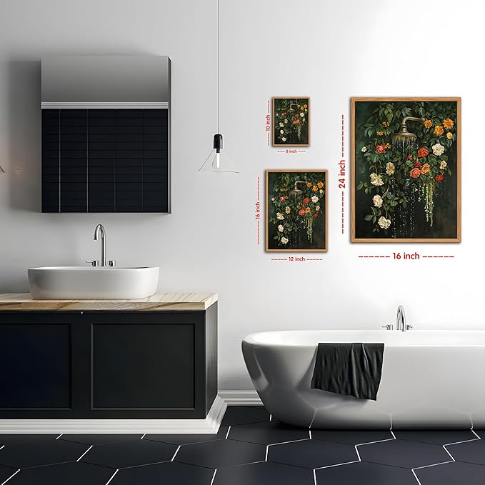 Floating Framed Floral Shower Wall Art, Vintage Botanical Flower Canvas Print, Romantic Garden Roses and Waterfall Painting, Nature Inspired Bathroom Wall Decor for Home Living Room 8x10 inch