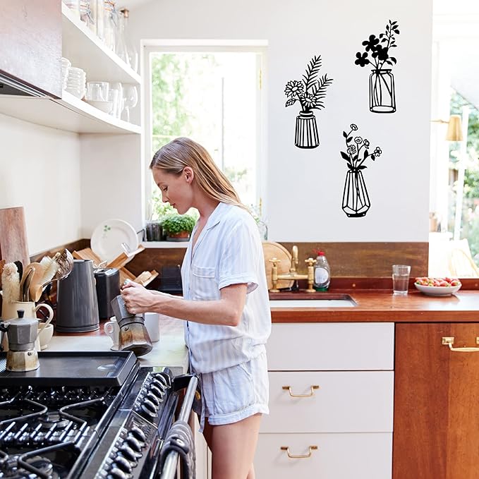 Qzmaikoo 3 Pieces Black Metal Flowers Wall Decor Vase Art Sculptures Hanging for Indoor Kitchen Bathroom Dining Room Patio, 14.56x7.48 Inches