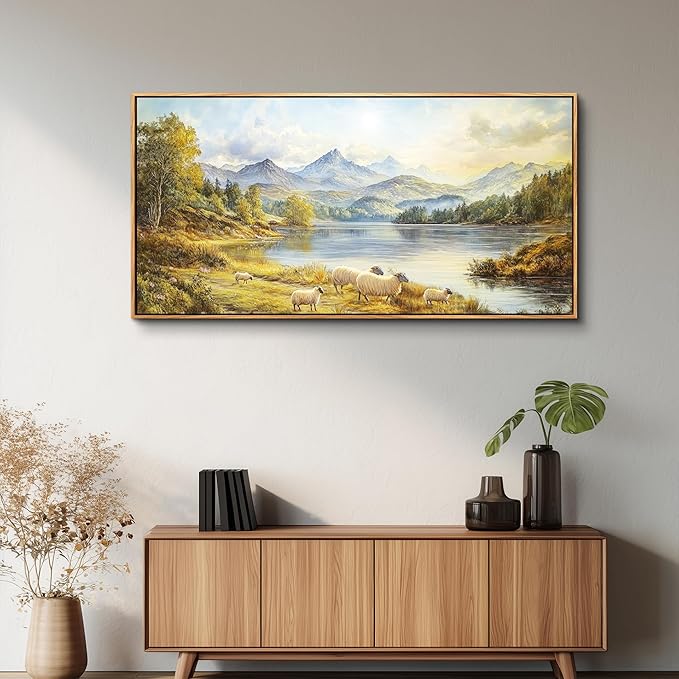 Wapluam Wall Art For Living Room,Landscape Large Framed Wall Art, Modern Farmhouse Decor,Sheep Pictures Retro Rustic Nature Canvas Art Prints Paintings For Bedroom Kitchen Office Decorations 30x60 IN