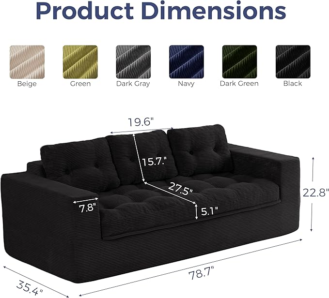 MAXYOYO 79" Loveseat Sofa Couch for Small Spaces, Upholstered Boneless Cloud Couch for Apartment Bedroom, 3-Seater Love Seat Floor Modern Sofa with Pillows, No Assembly Required, Black