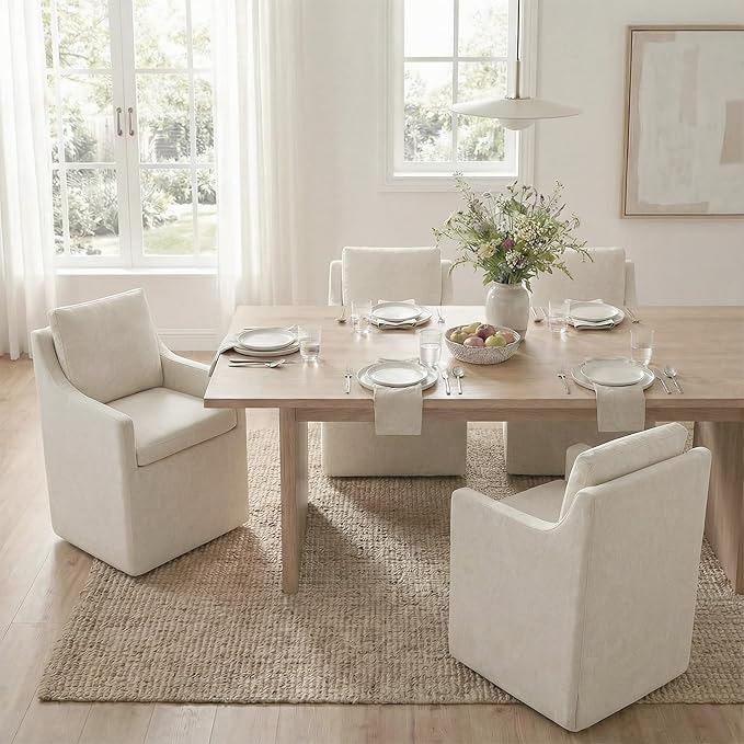 KISLOT Upholstered Dining Chairs Set of 2, Modern Dining Room Chairs with Casters & Washable Cover, Rolling Accent Chair with Hidden Storage for Kitchen, Farmhouse, Living Room, Beige, 2 Box