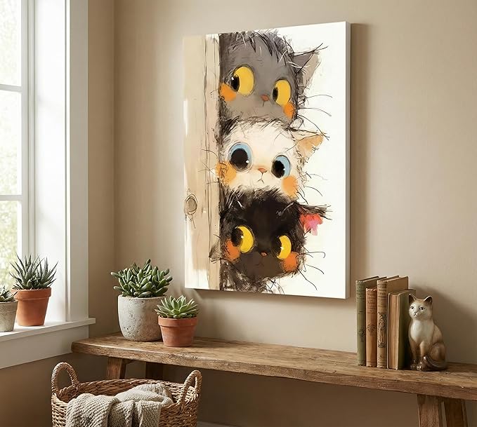 Cute Little Kitten Canvas Wall Art Funny Cartoon Cat Wall Decor Picture Three Peeping Kittens Poster Print for Kids Room Bathroom Dining Room Nursery Cat Lovers Painting Artwork Home Decoration