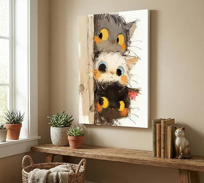 Cute Little Kitten Canvas Wall Art Funny Cartoon Cat Wall Decor Picture Three Peeping Kittens Poster Print for Kids Room Bathroom Dining Room Nursery Cat Lovers Painting Artwork Home Decoration