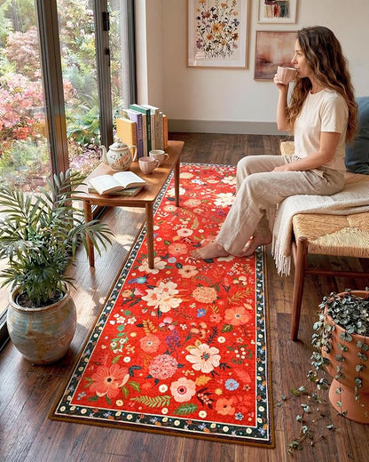 Macgace 2x6 Floral Runner Rug, Flowers Printed Washable Rugs with Non Slip Backing for Girls Bedroom Kitchen Hallway,Cute Carpet Runners Home Aesthetic Decor, Christmas Red