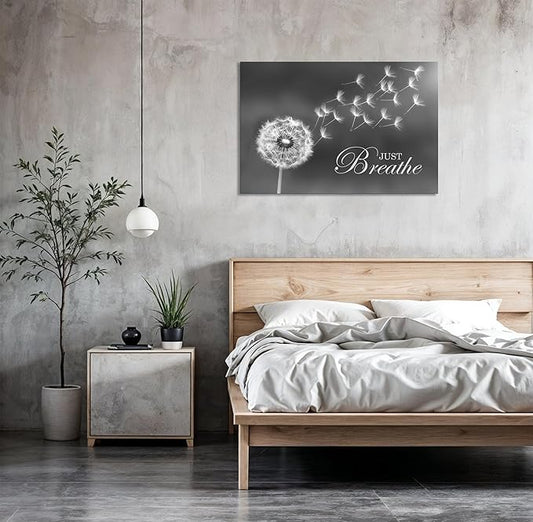 SKASNFAI Black and White Dandelion Zen Wall Art Canvas Just Breathe Motivation Positive Picture Art Print for Spa Yoga Meditation Wall Decor Ready to Hang (12L x 16W)