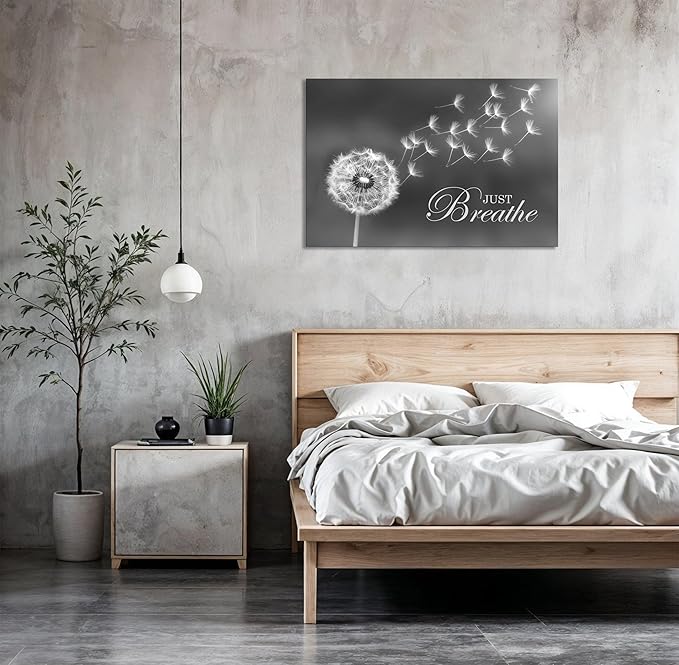 SKASNFAI Black and White Dandelion Zen Wall Art Canvas Just Breathe Motivation Positive Picture Art Print for Spa Yoga Meditation Wall Decor Ready to Hang (28L x 44W)