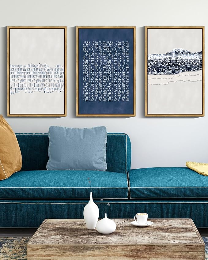 Drsoum Blue Abstract Boho Framed Wall Art Large 16x24in Minimalist Mid-Century Modern Wall Decor Geometric Artwork Kitchen Dining Room Natural Framed