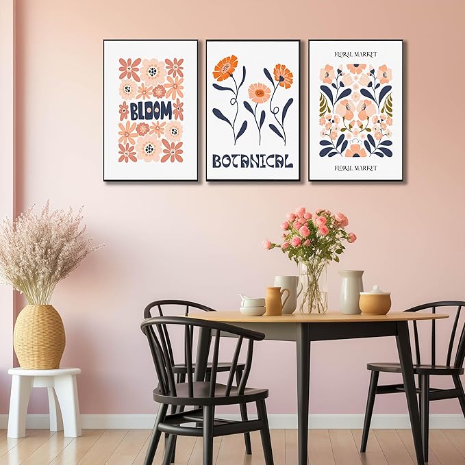 Framed Floral Canvas Wall Art Set of 3, Rustic Botanical Canvas Paintings Prints ArtWork for Living Room, Vintage Flower Pictures for Farmhouse Dining Room Hallway Bedroom Wall Decor 24"x36"