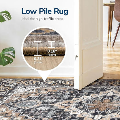 Lessymo 2 x 4 Entryway Rug, Machine Washable Area Rugs Boho Faux Wool Low Pile Area Rug for Bedroom, Floral Medallion Vintage Outdoor Rugs with Non-Slip Rubber,Black Brown