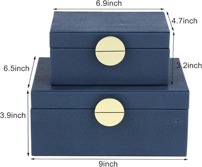 HofferRuffer Faux Leather Jewelry Boxes, Decorative Boxes Storage Accessory Organizer with Gold Hardware Decor, Classic Vegan Leather Set of 2 Pieces (Navy Blue)