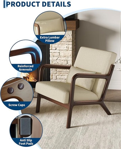 Garvee Mid-Century Accent Chair Set of 2, Cozy Reading Chair, Modern Lounge Armchair with Lumbar Pillow, Sturdy Wood Frame, for Living Room, Bedroom, Office, Beige, Fine Wale Corduroy Upholstery