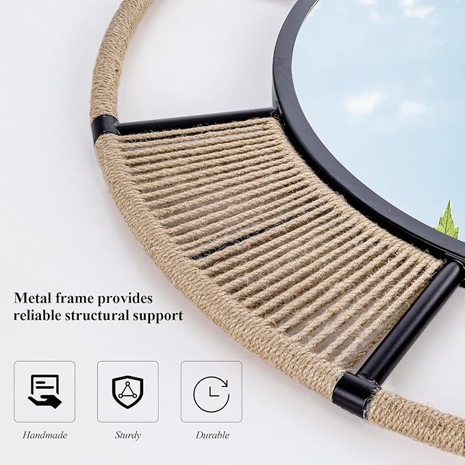 Large Round Mirrors for Wall Decor, 36.6'' Boho Coastal Mirror with Detachable Rattan and Black Metal Frame, Black Farmhouse Mirror for Bathroom Power Room Fireplace Hallway