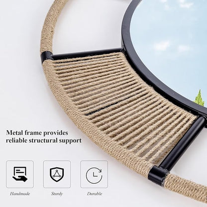 Large Round Mirrors for Wall Decor, 36.6'' Boho Coastal Mirror with Detachable Rattan and Black Metal Frame, Black Farmhouse Mirror for Bathroom Power Room Fireplace Hallway