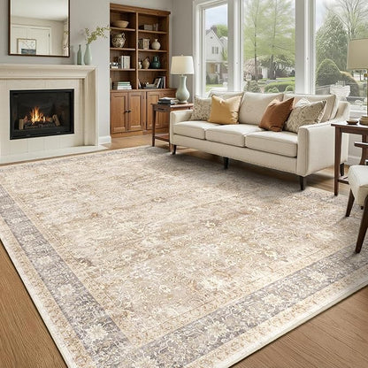 Beige Taupe Area Rug 6x9, Vintage Neutral Earth Tone Rugs for Living Room Bedroom, Washable Non Slip Low Pile Thin Carpet Rug for Dining Room Playroom Guest Room Home Office