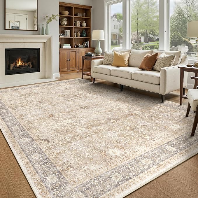 Living Room Rugs 6x8, Vintage Neutral Area Rugs for Bedroom Dining Room, Washable Non Slip Low Pile Thin Carpet Rug for Playroom Guest Room Home Office, Farmhouse Earth Tone Beige Taupe