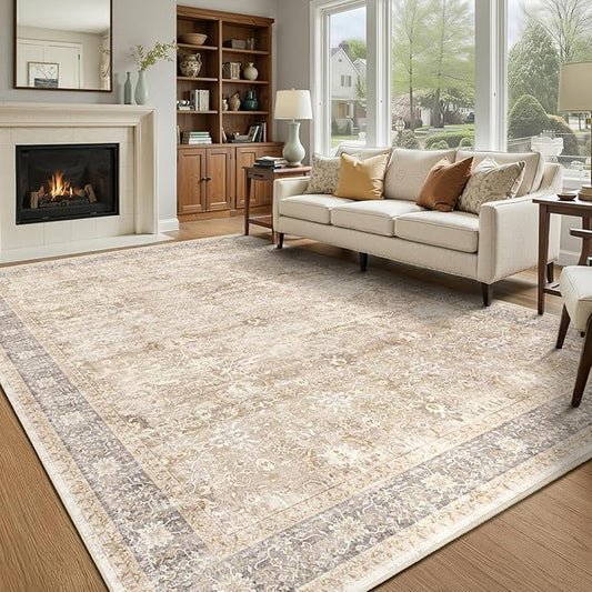 Living Room Rugs 6x8, Vintage Neutral Area Rugs for Bedroom Dining Room, Washable Non Slip Low Pile Thin Carpet Rug for Playroom Guest Room Home Office, Farmhouse Earth Tone Beige Taupe