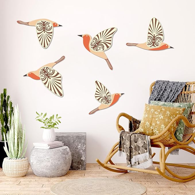 KOYILTD 5 Piece Bird Wood Wall Sculptures Wooden Wall Art Decor Scandinavian Home Decorations Flying Bird Wall Decor Farmhouse Wall Art for Home Living Room Bathroom Dining Room (Orange)