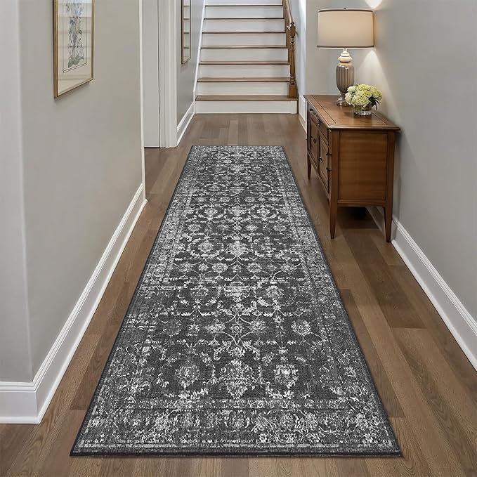 3x8 Black Runner Rug Hallway Washable Area Rugs Kitchen Vintage Boho Non Slip Long Rug Floral Carpet Indoor Retro Soft Low Pile Throw Rug for Bedroom Bathroom Laundry Dining Living Room Office