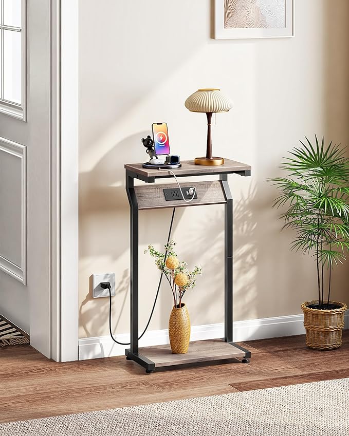 CHOEZON Narrow Side Table with Charging Station, 27" Skinny End Table for Small Spaces, Couch Table with Storage, Slim Tray Table with USB Ports, for Living Room, Bedroom, Greige and Black TBZ27UBG