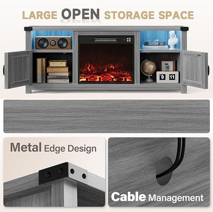 Furmax LED Entertainment Center with Fireplace, Fireplace TV Stand with Storage Cabinets and 2 Open Shelves, Modern Media TV Console for Living Room (Light Grey)