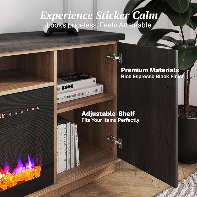 BELLEZE 68“ Fireplace TV Stand for TV's Up to 75", Elegant Entertainment Center with 36" Electric Fireplace Heater, Storage Media Console with Drawers & Open Shelves for Living Room (Espresso Black)