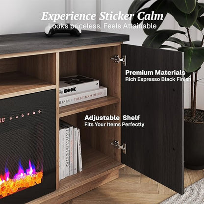 BELLEZE 68“ Fireplace TV Stand for TV's Up to 75", Elegant Entertainment Center with 36" Electric Fireplace Heater, Storage Media Console with Drawers & Open Shelves for Living Room (Espresso Black)