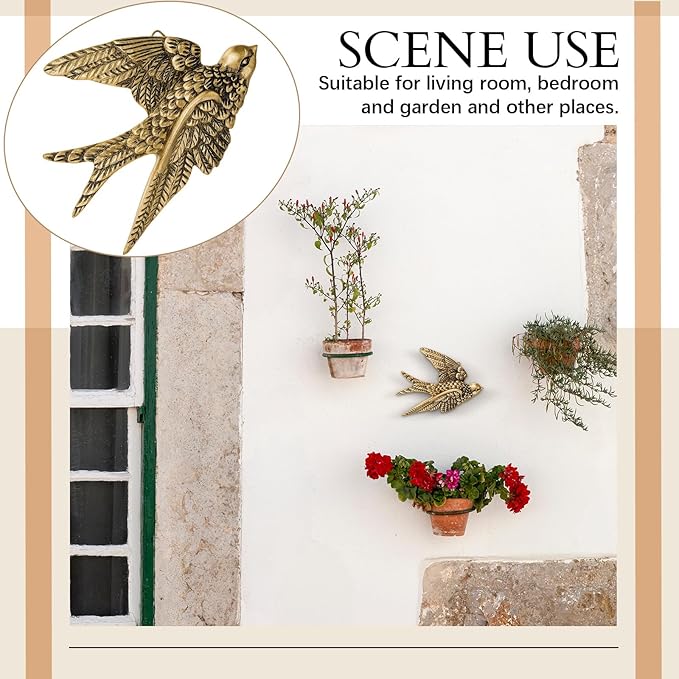 Kathfly 1 Pcs Vintage Bird Wall Sculpture Decor Art 4.7 Inch Antique 3D Sculpted Hanging Bird Resin Wall Art Golden Brass Floating Ornament for Living Room Garden Outdoor, Gift for Couple Housewarming