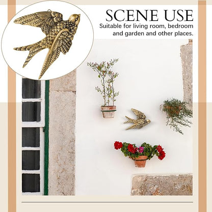 Kathfly 1 Pcs Vintage Bird Wall Sculpture Decor Art 4.7 Inch Antique 3D Sculpted Hanging Bird Resin Wall Art Golden Brass Floating Ornament for Living Room Garden Outdoor, Gift for Couple Housewarming