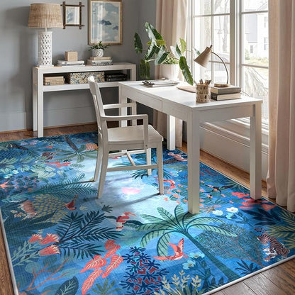 LIVEBOX Jungle Animal Print Dining Room Rugs for Under Table, Soft Modern Rug for Living Room, Washable Kids Rugs for Boy Bedroom, Non-Skid Blue Kids Carpet Playmat Rug for Play