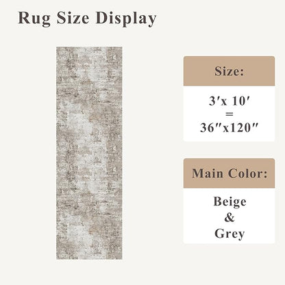 3x10 Ft Long Hallway Runner Rug - Non-Slip Washable Kitchen Runner Rug with Rubber Backing | Modern Abstract Wide Floor Carpet Runner for Indoor Entryway, Bedroom, Living Room, Beige/Grey/Brown