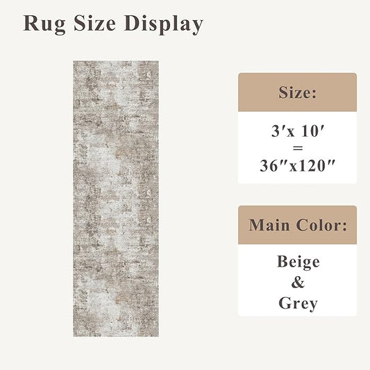 3x10 Ft Long Hallway Runner Rug - Non-Slip Washable Kitchen Runner Rug with Rubber Backing | Modern Abstract Wide Floor Carpet Runner for Indoor Entryway, Bedroom, Living Room, Beige/Grey/Brown