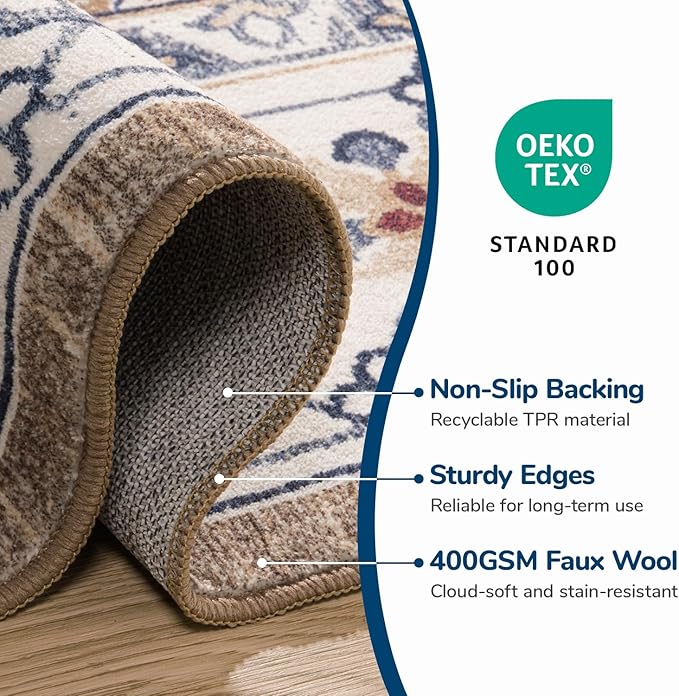 Lessymo 8 x 10 Area Rugs for Living Room- Machine Washable Area Rugs Boho Faux Wool Low Pile Area Rug for Bedroom, Floral Medallion Vintage Rugs with Non-Slip Rubber, Kid & Pet Friendly, Brown Beige