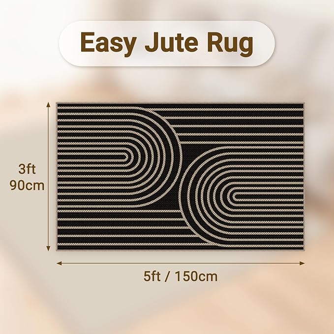 Easy Jute Rugs for Entryway, 3' x 5' Indoor Outdoor Rug, Black Farmhouse Washable Ultra-Thin Non-Slip Area Rug for Foyer, Backdoor, Living Room, Kitchen, Bedroom, Balcony