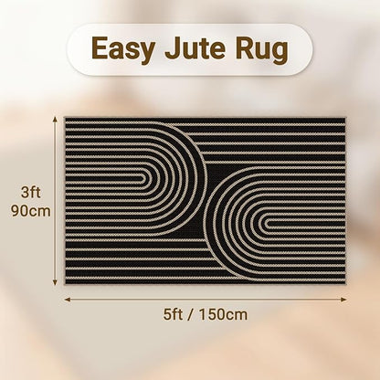 Easy Jute Rugs for Entryway, 3' x 5' Indoor Outdoor Rug, Black Farmhouse Washable Ultra-Thin Non-Slip Area Rug for Foyer, Backdoor, Living Room, Kitchen, Bedroom, Balcony